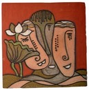 Tranh gốm trừu tượng: Khuôn mặt và hoa sen - Gốm Phù Lãng
